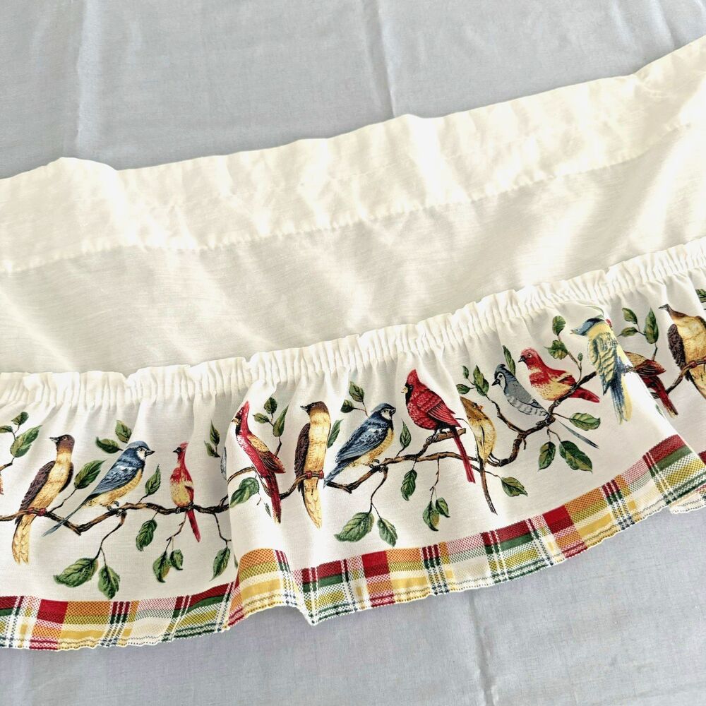 Vtg Window Toppers Songbirds Plaid Valance Ruffle Cardinal Blue Jay Birds 13x51"